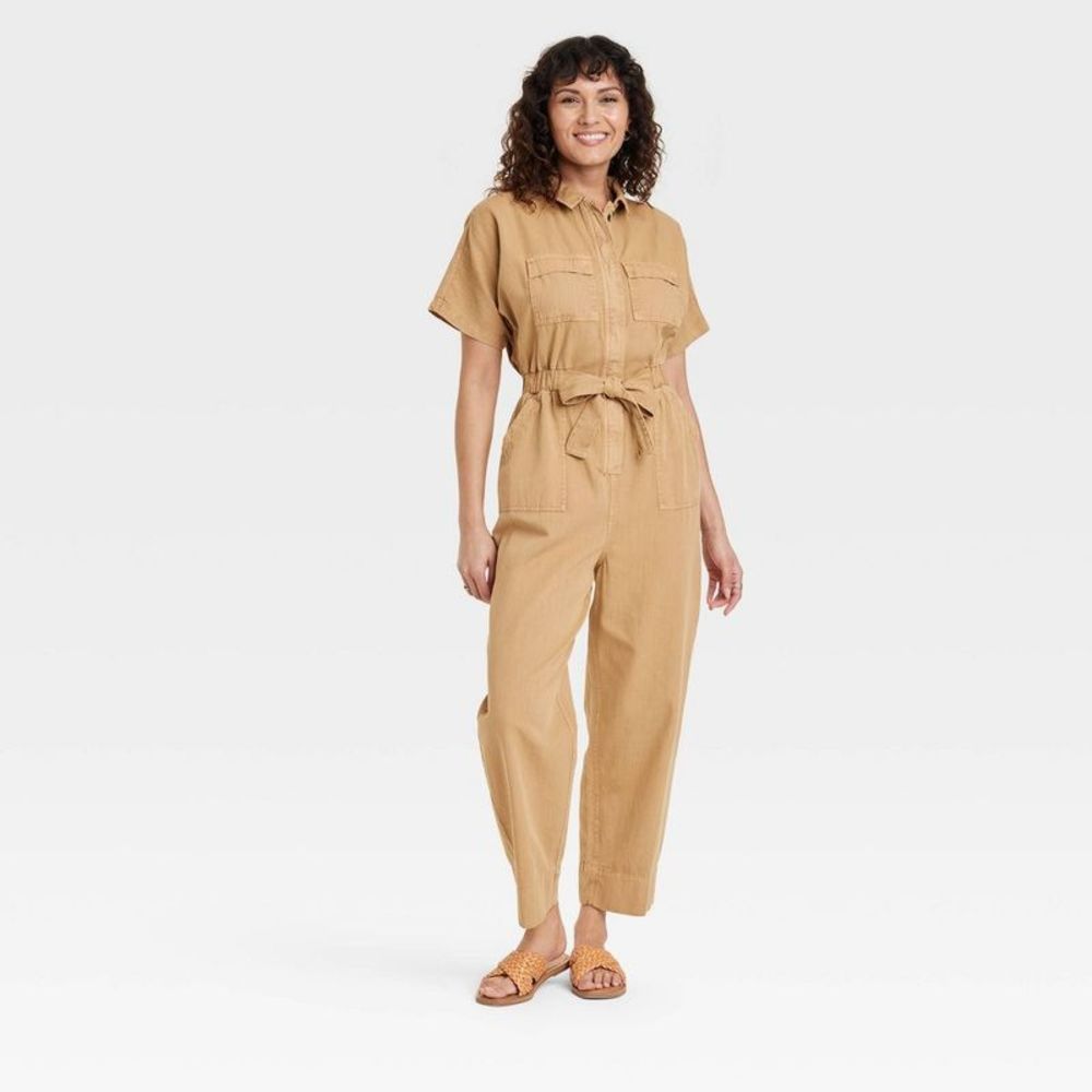Women's Short Sleeve Button-Front Boilersuit - Universal Thread Brown 10